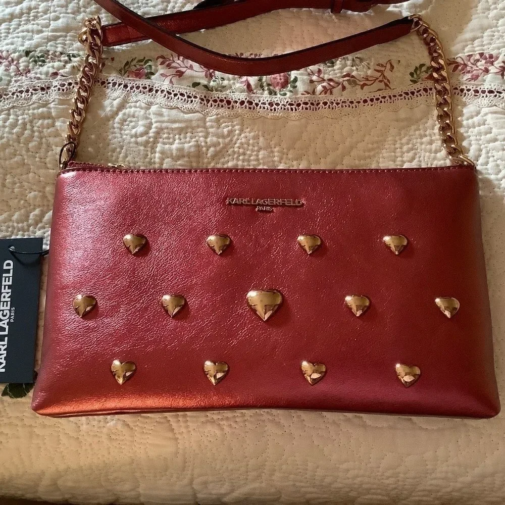 KARL LAGERFELD KAROLINA LIGHT METALLIC RED CRANBERRY CROSSBODY NEW WITH …